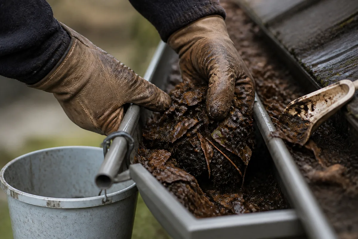 Mains gantées retirant à la main les feuilles accumulées dans une gouttière en zinc