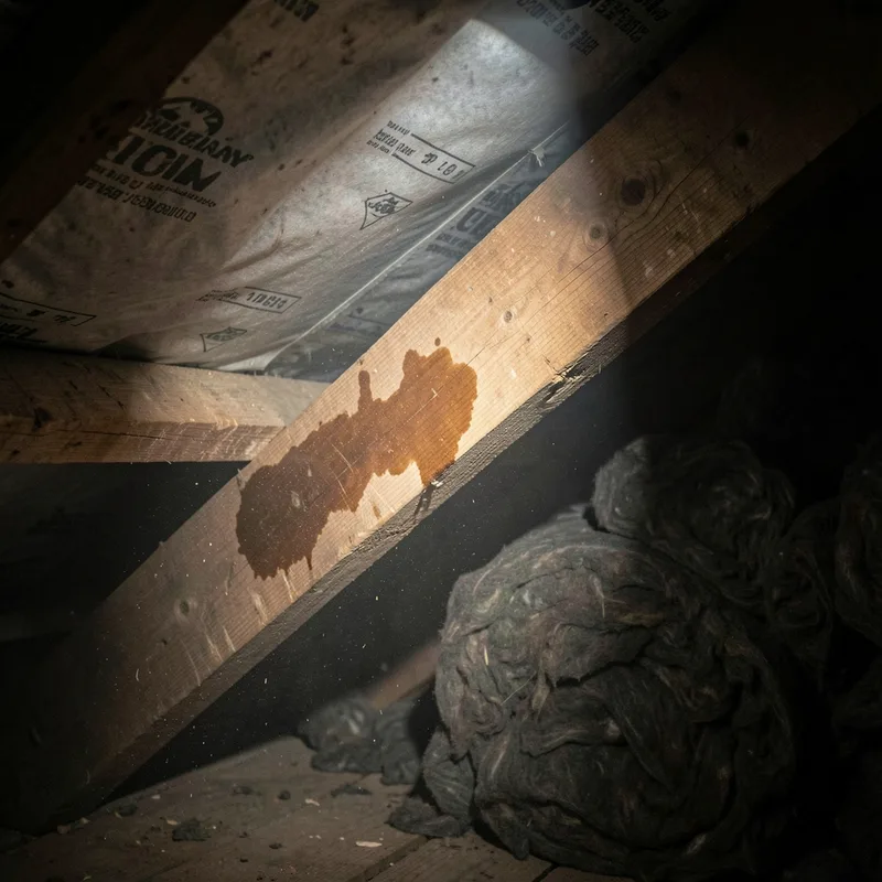 Sous-face de charpente en bois avec auréole d’infiltration ancienne sur un chevron