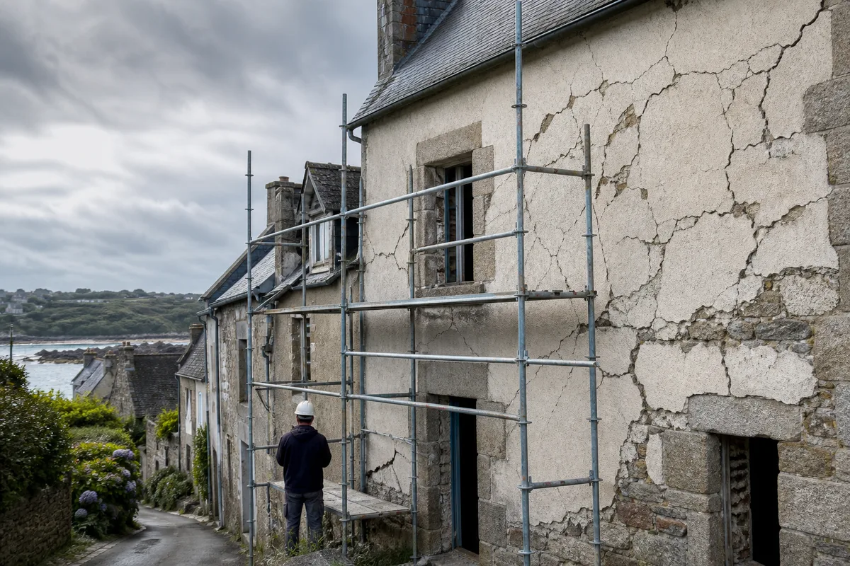Examen d&rsquo;une façade en pierre enduite avec relevé des fissures avant ravalement